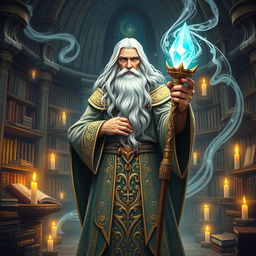 A powerful wizard named Fibonacci, standing confidently in an ancient library filled with mystical books and glowing symbols