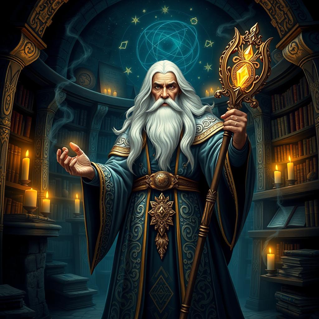 A powerful wizard named Fibonacci, standing confidently in an ancient library filled with mystical books and glowing symbols