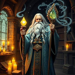 A powerful wizard named Fibonacci, standing confidently in an ancient library filled with mystical books and glowing symbols