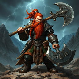 A fierce and strong warrior dwarf, wearing intricately crafted armor made of dark metal, with a braided beard and fiery red hair