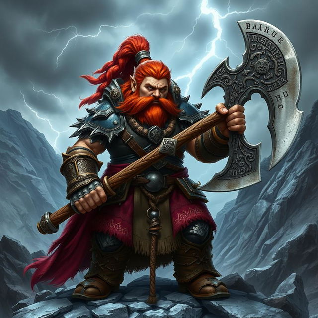 A fierce and strong warrior dwarf, wearing intricately crafted armor made of dark metal, with a braided beard and fiery red hair