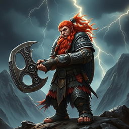 A fierce and strong warrior dwarf, wearing intricately crafted armor made of dark metal, with a braided beard and fiery red hair