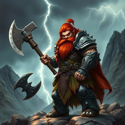 A fierce and strong warrior dwarf, wearing intricately crafted armor made of dark metal, with a braided beard and fiery red hair