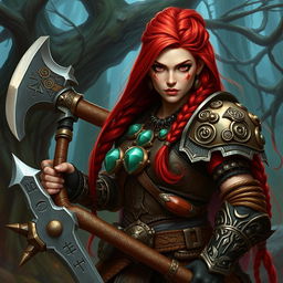 A fierce female dwarf warrior, clad in intricately detailed armor etched with runes and adorned with gems