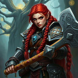 A fierce female dwarf warrior, clad in intricately detailed armor etched with runes and adorned with gems
