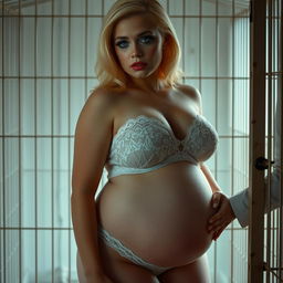A gorgeous and shapely 19-year-old woman with bright blonde hair and dramatic makeup that includes frosted pastel blue eyeshadow, thick black eyeliner, and vibrant pink lipstick