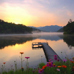 A serene landscape at sunrise, showcasing a picturesque view of a lake surrounded by lush green trees and distant mountains