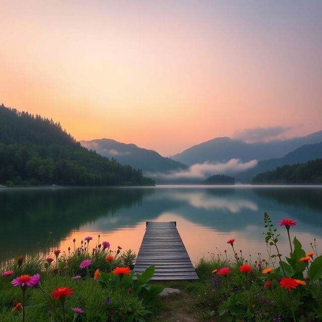 A serene landscape at sunrise, showcasing a picturesque view of a lake surrounded by lush green trees and distant mountains