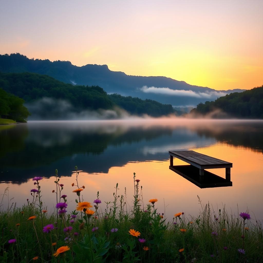 A serene landscape at sunrise, showcasing a picturesque view of a lake surrounded by lush green trees and distant mountains