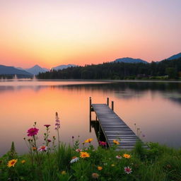 A serene landscape at sunrise, showcasing a picturesque view of a lake surrounded by lush green trees and distant mountains