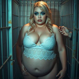 A stunning and voluptuous 19-year-old woman with radiant blonde hair and striking makeup featuring bright frosted pastel blue eyeshadow, thick black eyeliner, and bold pink lipstick