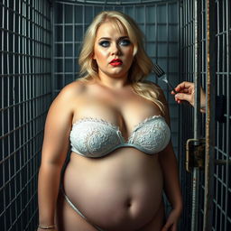 A stunning and voluptuous 19-year-old woman with radiant blonde hair and striking makeup featuring bright frosted pastel blue eyeshadow, thick black eyeliner, and bold pink lipstick