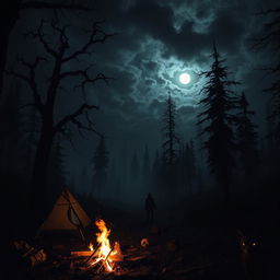 A dark and atmospheric forest at night, featuring a campsite with a flickering campfire casting eerie shadows