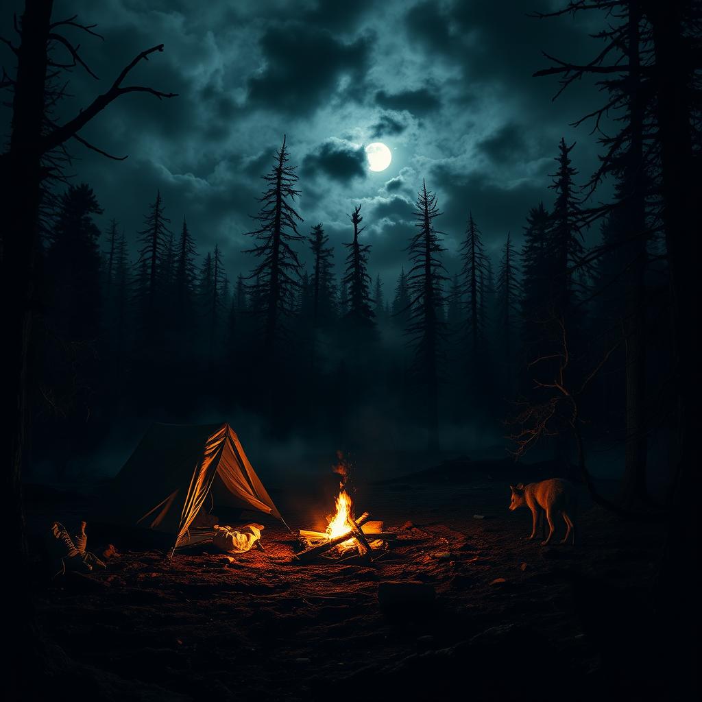 A dark and atmospheric forest at night, featuring a campsite with a flickering campfire casting eerie shadows