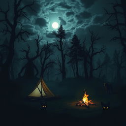 A dark and atmospheric forest at night, featuring a campsite with a flickering campfire casting eerie shadows