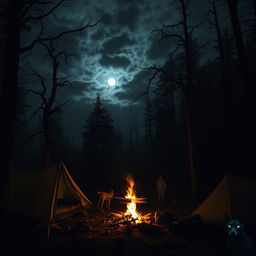 A dark and atmospheric forest at night, featuring a campsite with a flickering campfire casting eerie shadows