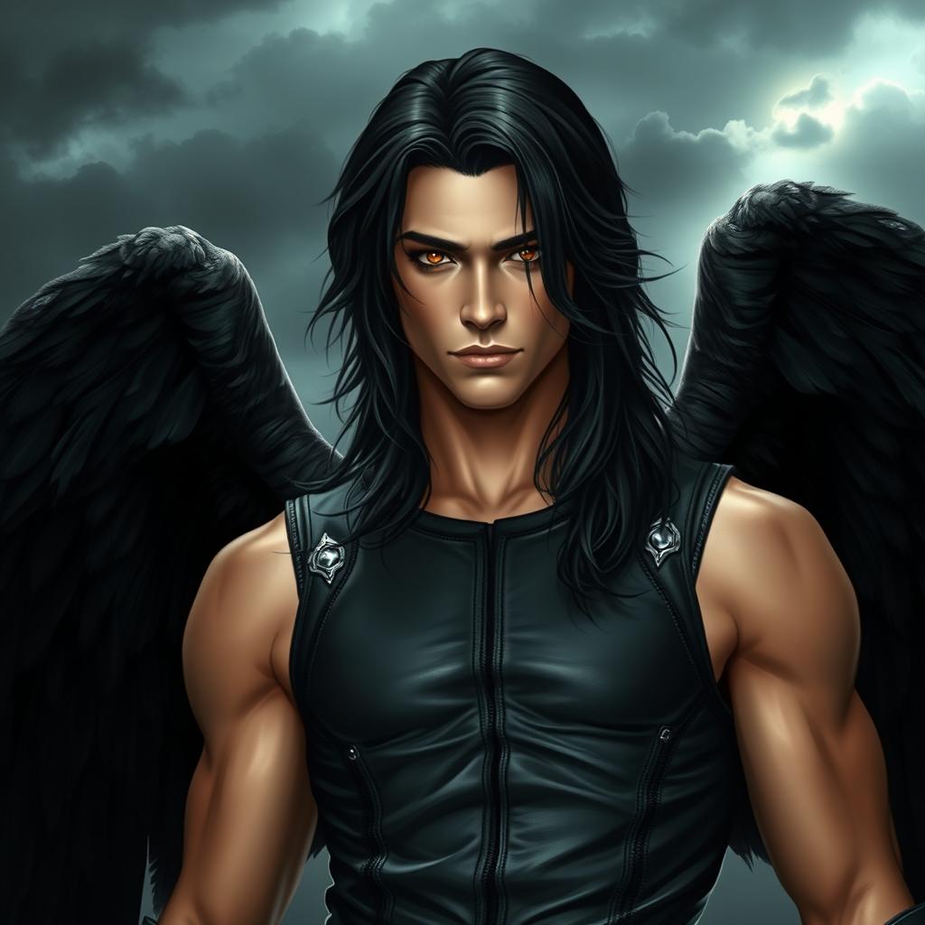 A stunning dark angel male, exuding a mysterious and handsome aura