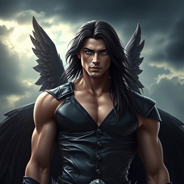 A stunning dark angel male, exuding a mysterious and handsome aura