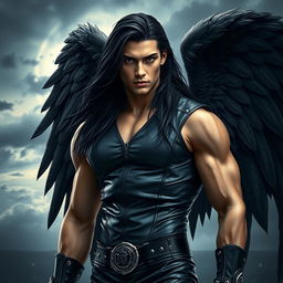 A stunning dark angel male, exuding a mysterious and handsome aura