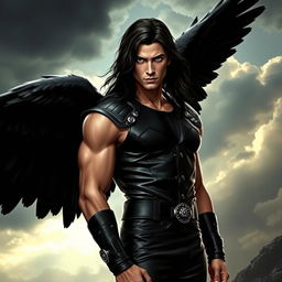 A stunning dark angel male, exuding a mysterious and handsome aura
