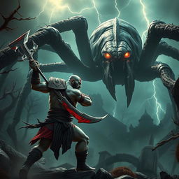 A dramatic battle scene between Kratos, the God of War, and a gigantic spider monster in a fantasy landscape