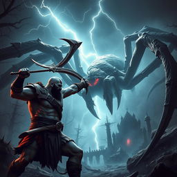 A dramatic battle scene between Kratos, the God of War, and a gigantic spider monster in a fantasy landscape