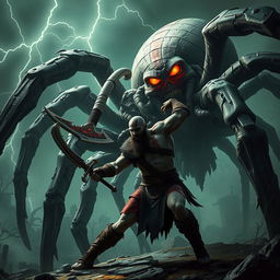 A dramatic battle scene between Kratos, the God of War, and a gigantic spider monster in a fantasy landscape