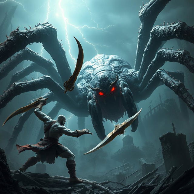 A dramatic battle scene between Kratos, the God of War, and a gigantic spider monster in a fantasy landscape