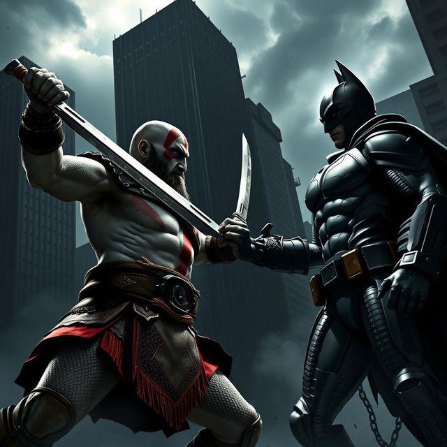 An epic showdown between Kratos, the God of War, and a superhero resembling a stylized version of Batman, set in a dark and atmospheric cityscape