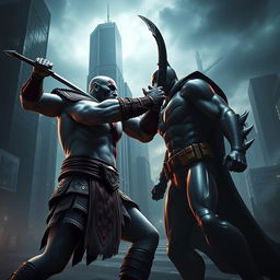 An epic showdown between Kratos, the God of War, and a superhero resembling a stylized version of Batman, set in a dark and atmospheric cityscape