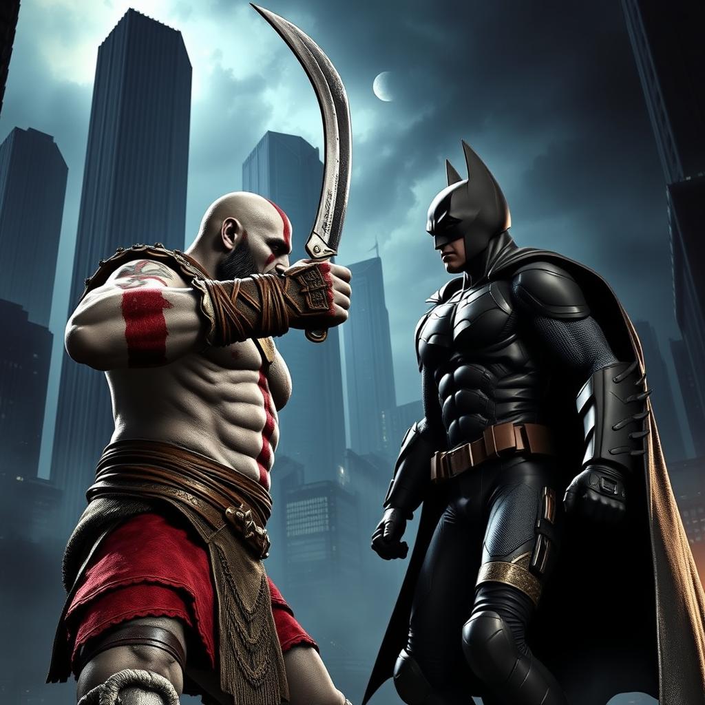 An epic showdown between Kratos, the God of War, and a superhero resembling a stylized version of Batman, set in a dark and atmospheric cityscape