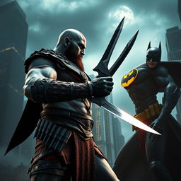 An epic showdown between Kratos, the God of War, and a superhero resembling a stylized version of Batman, set in a dark and atmospheric cityscape