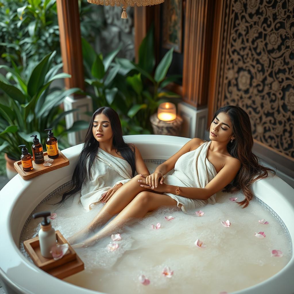 A serene and elegant scene featuring two Indian AI-inspired models relaxing in a luxurious bathtub