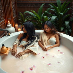 A serene and elegant scene featuring two Indian AI-inspired models relaxing in a luxurious bathtub