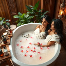 A serene and elegant scene featuring two Indian AI-inspired models relaxing in a luxurious bathtub