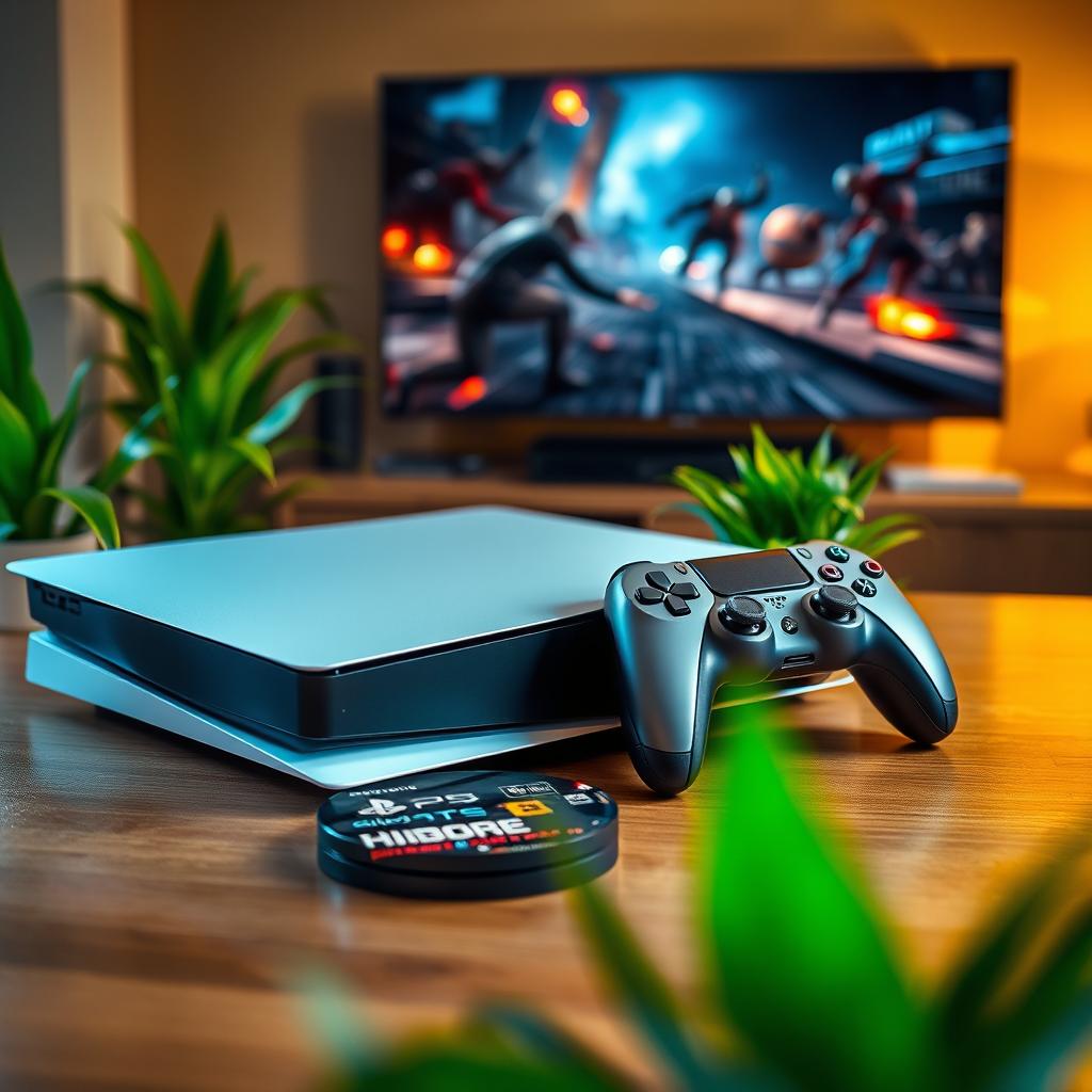 A close-up shot of a PlayStation console, showcasing its sleek design, with a pair of modern PS5 controllers positioned beside it