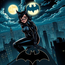 A dynamic comic book style illustration featuring Catwoman in a sleek, black costume with silver accents and a playful smirk, perched on a city rooftop at night