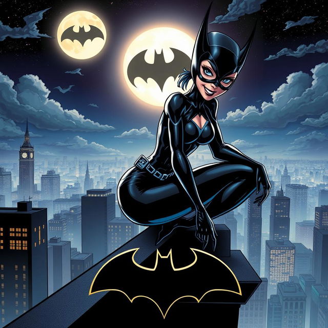 A dynamic comic book style illustration featuring Catwoman in a sleek, black costume with silver accents and a playful smirk, perched on a city rooftop at night