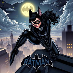 A dynamic comic book style illustration featuring Catwoman in a sleek, black costume with silver accents and a playful smirk, perched on a city rooftop at night