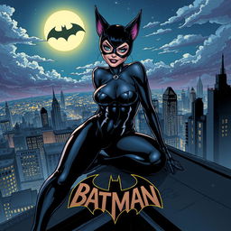 A dynamic comic book style illustration featuring Catwoman in a sleek, black costume with silver accents and a playful smirk, perched on a city rooftop at night