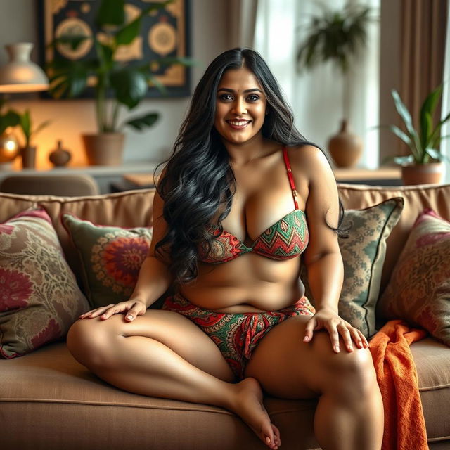 A confident and graceful Indian woman with a curvy body, sitting comfortably on a plush sofa in a stylish living room