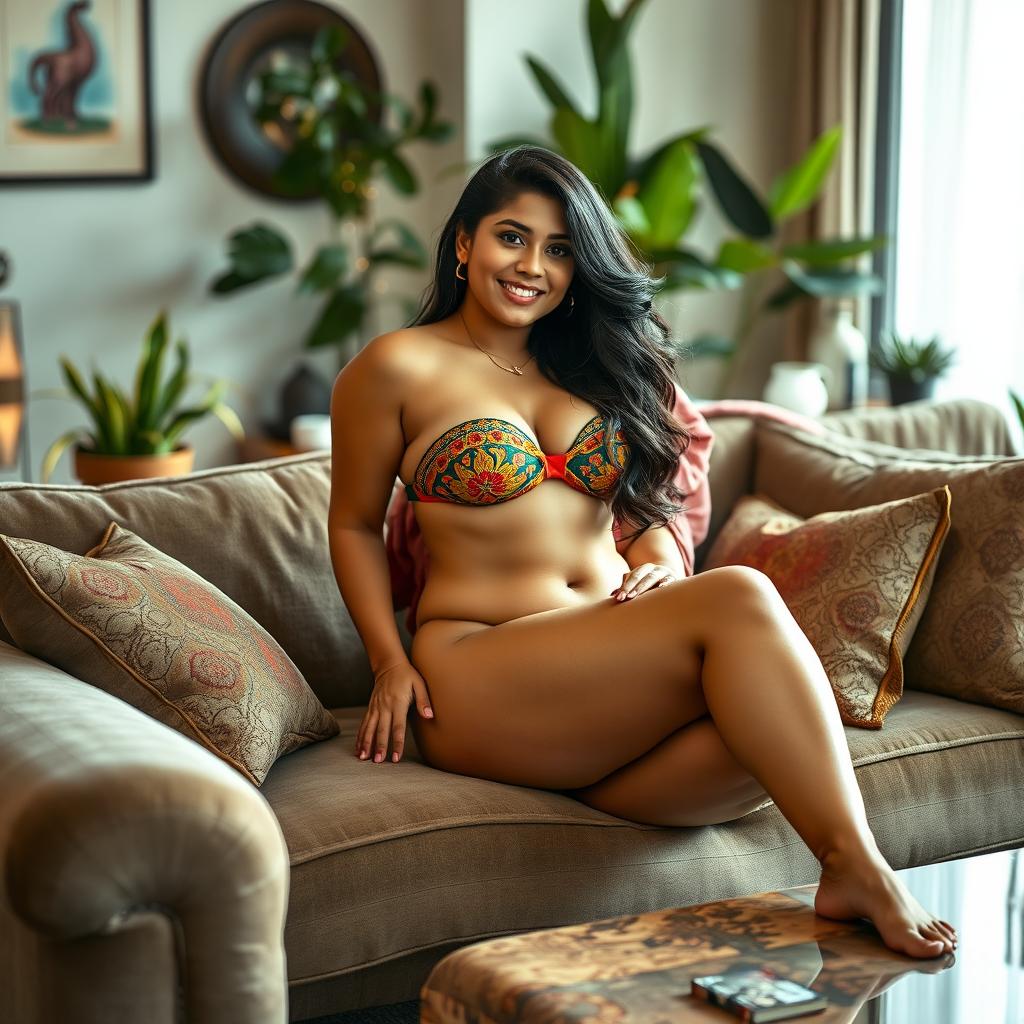 A confident and graceful Indian woman with a curvy body, sitting comfortably on a plush sofa in a stylish living room