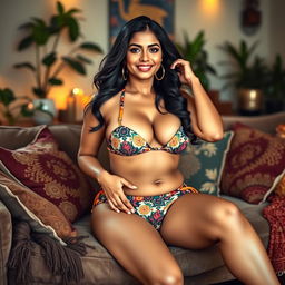 A confident and graceful Indian woman with a curvy body, sitting comfortably on a plush sofa in a stylish living room