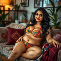 A confident and graceful Indian woman with a curvy body, sitting comfortably on a plush sofa in a stylish living room