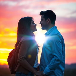 A beautifully edited couple photo featuring a romantic sunset backdrop with vibrant colors, the couple is standing close together, gazing into each other's eyes, wearing casual yet stylish clothing