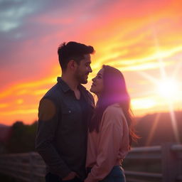 A beautifully edited couple photo featuring a romantic sunset backdrop with vibrant colors, the couple is standing close together, gazing into each other's eyes, wearing casual yet stylish clothing