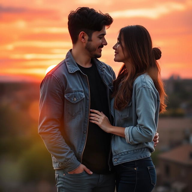 A beautifully edited couple photo featuring a romantic sunset backdrop with vibrant colors, the couple is standing close together, gazing into each other's eyes, wearing casual yet stylish clothing