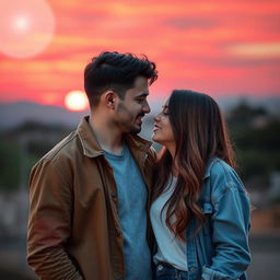 A beautifully edited couple photo featuring a romantic sunset backdrop with vibrant colors, the couple is standing close together, gazing into each other's eyes, wearing casual yet stylish clothing