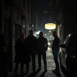 A tense and dramatic scene unfolding in a dimly lit alleyway