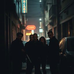A tense and dramatic scene unfolding in a dimly lit alleyway